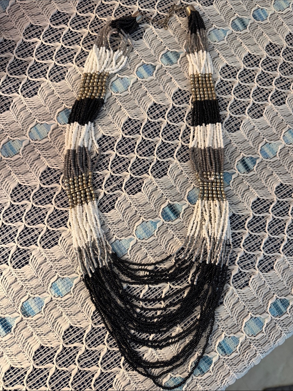 Multi-Strand Beaded Statement Necklace - Black, White & Gray